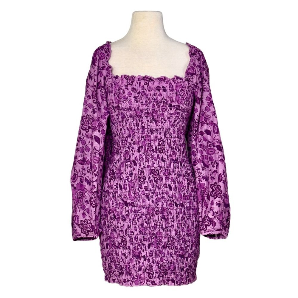 Free People Smock It to Me Purple Azalea Combo Puff Sleeve Mini Dress Size S NEW